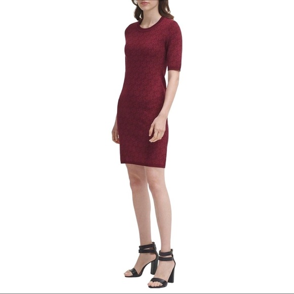 New! DKNY Bodycon Knit Short Sleeve Maroon Ribbed Trim Sweater Sheath Dress - Picture 1 of 15